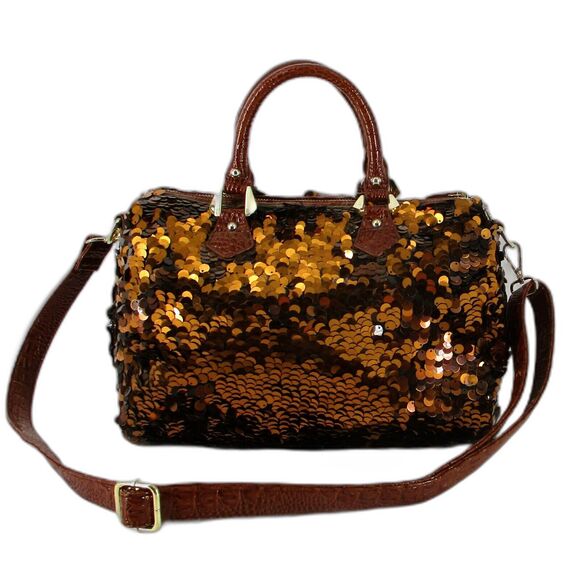 Copper Autumn Brown Sequin Top Handle Shoulder Strap Tote Purse Duffel Bag - Picture 1 of 8